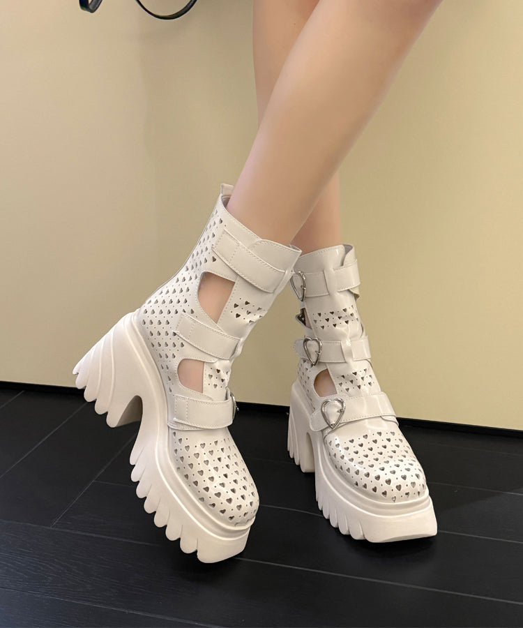 Boutique White Cowhide Leather Hollow Out Buckle Strap Splicing Boots