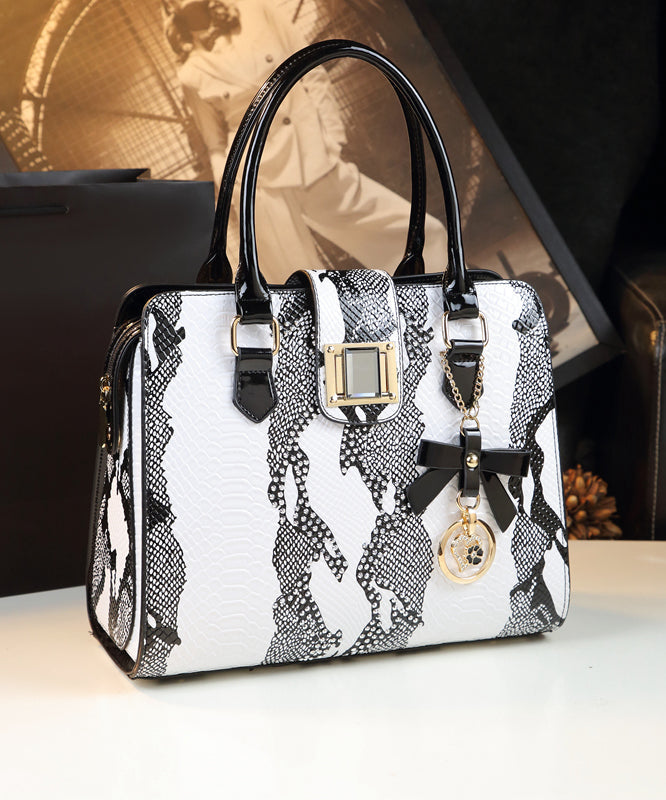 Boutique White Embossed Zircon Calf Leather Tote Handbag