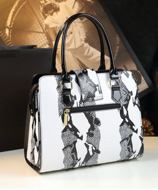 Boutique White Embossed Zircon Calf Leather Tote Handbag