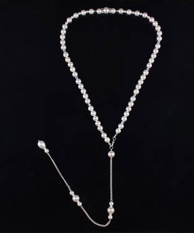 Boutique White Stainless Steel Pearl Chain Tassel Lariat Necklace