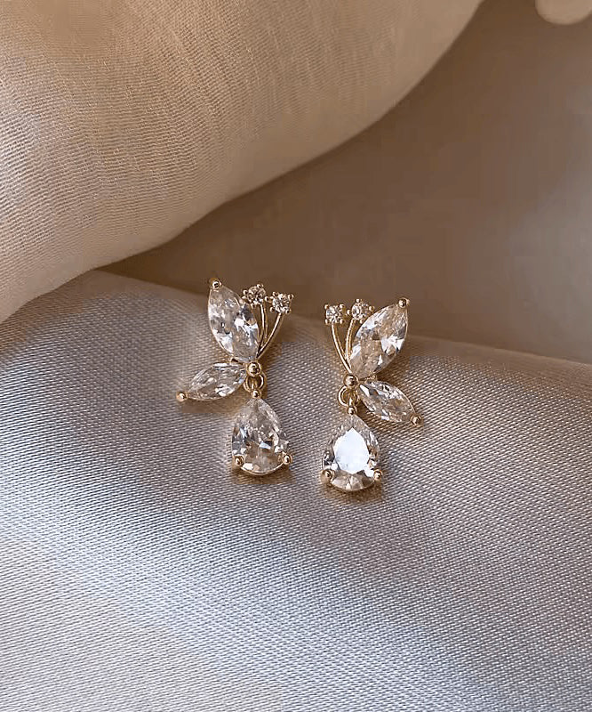 Boutique White Sterling Silver Overgild Zircon Water Drop Butterfly Stud Earrings