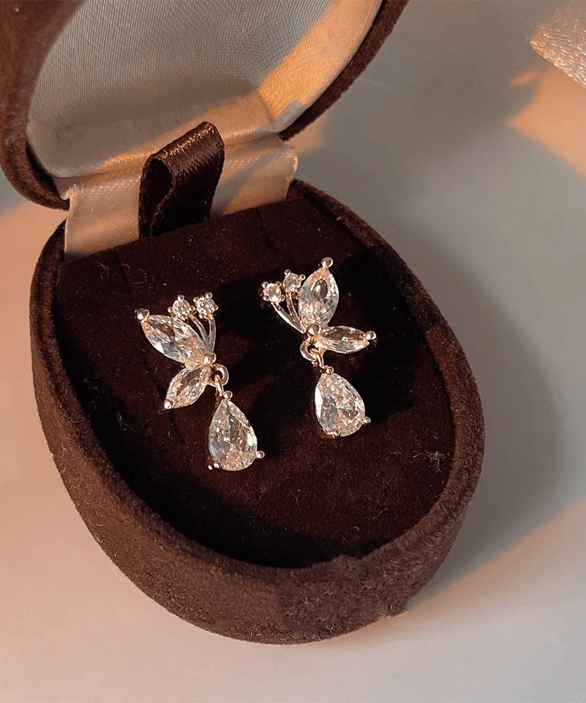 Boutique White Sterling Silver Overgild Zircon Water Drop Butterfly Stud Earrings