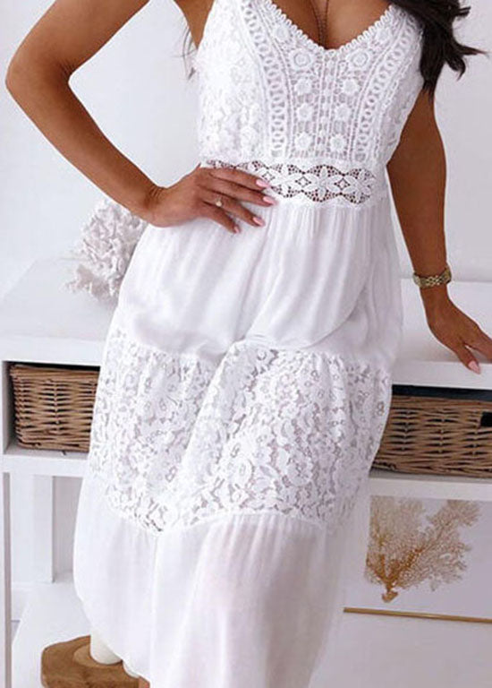 Boutique White V Neck Lace Patchwork Cotton Spaghetti Strap Dress Summer