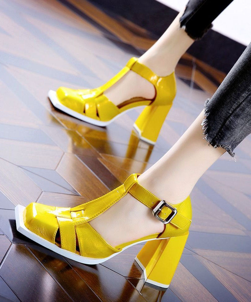 Boutique Yellow Faux Leather Splicing Buckle Strap Chunky Heel Sandals