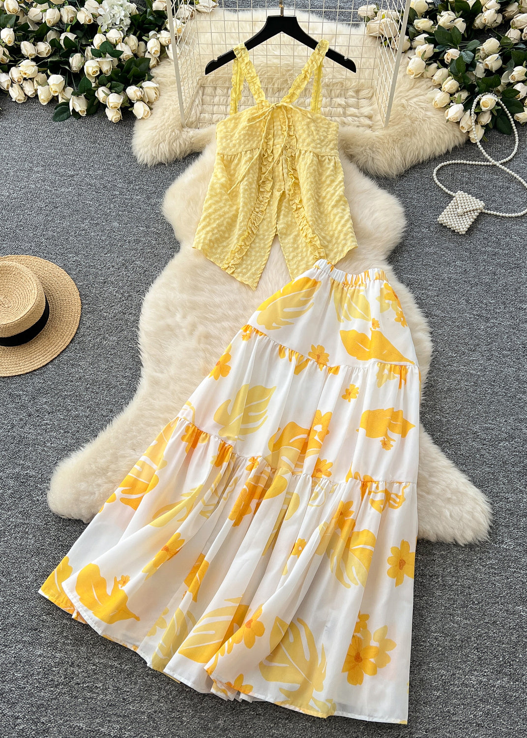 Boutique Yellow Ruffled Print Cotton Two Pieces Set Summer