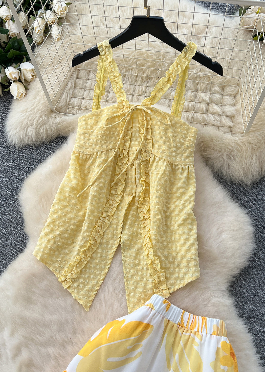 Boutique Yellow Ruffled Print Cotton Two Pieces Set Summer