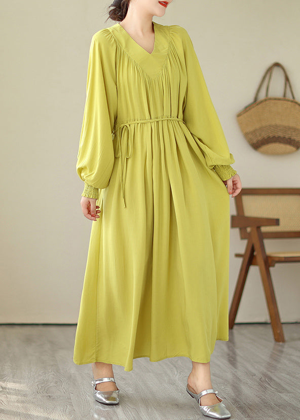 Boutique Yellow V Neck Green Long Dress Puff Sleeve