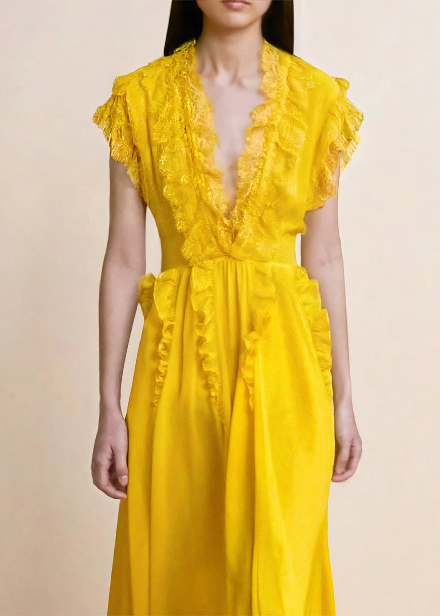 Boutique Yellow V Neck Ruffled Patchwork Silk Dresses Summer