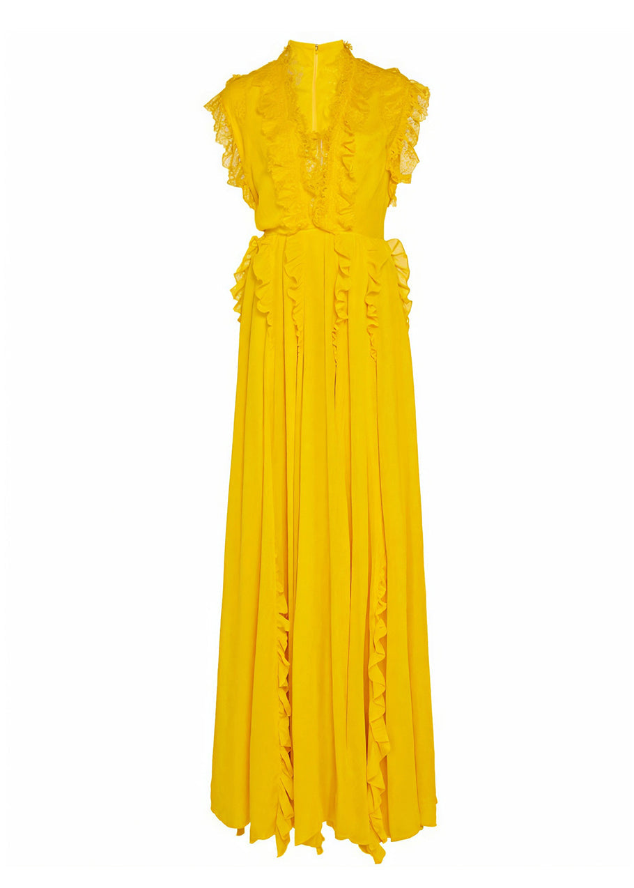 Boutique Yellow V Neck Ruffled Patchwork Silk Dresses Summer