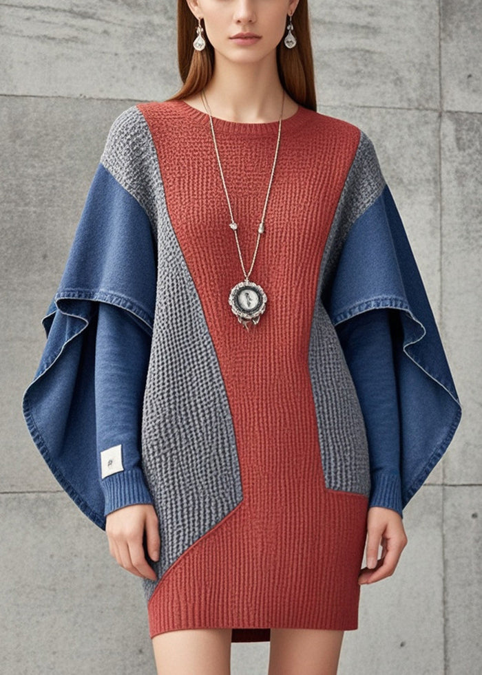 Brick Red Patchwork Denim Knit Sweater Dress Oversized Butterfly Sleeve