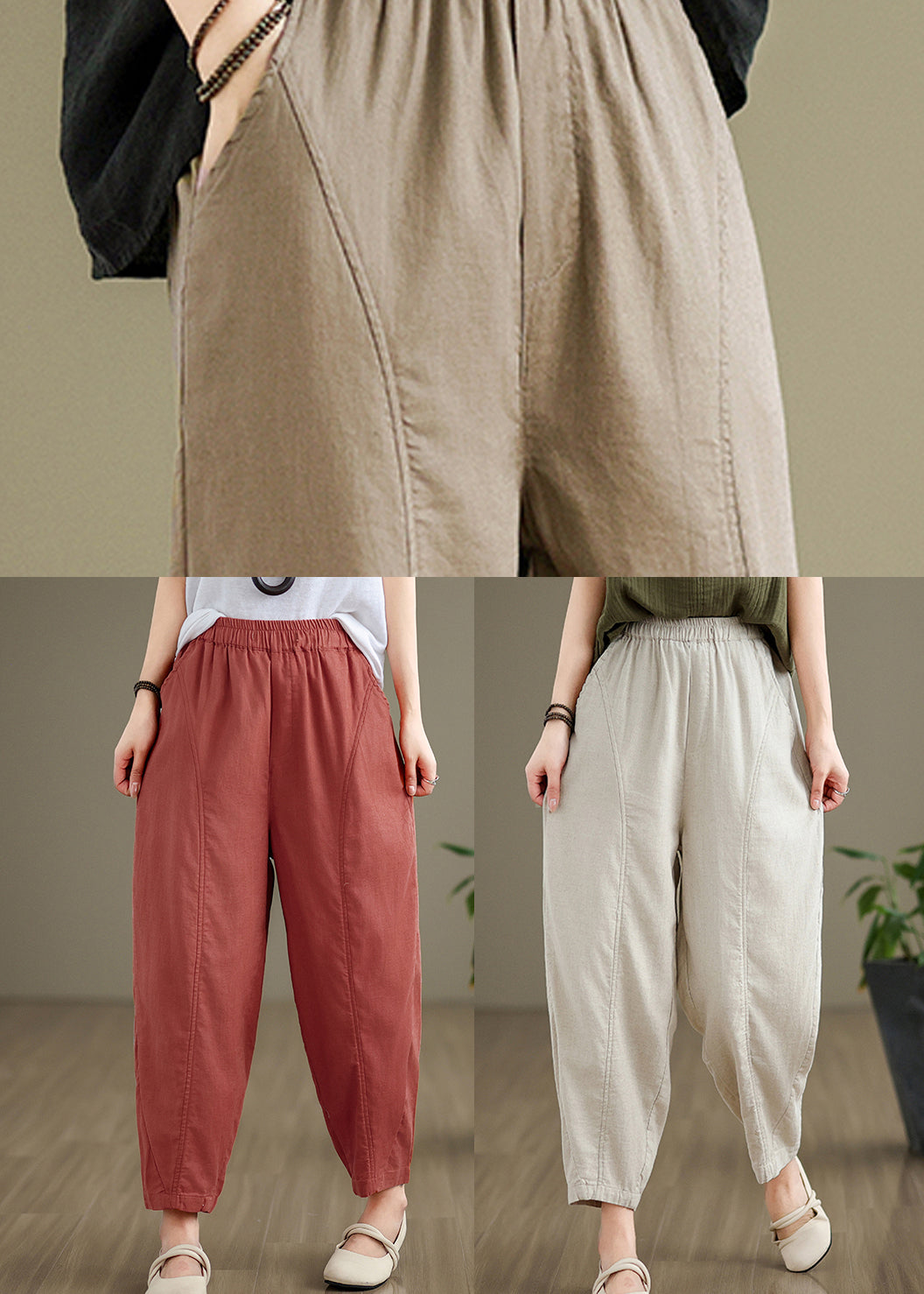 Brick Red Pockets Cotton Pants Elastic Waist Fall