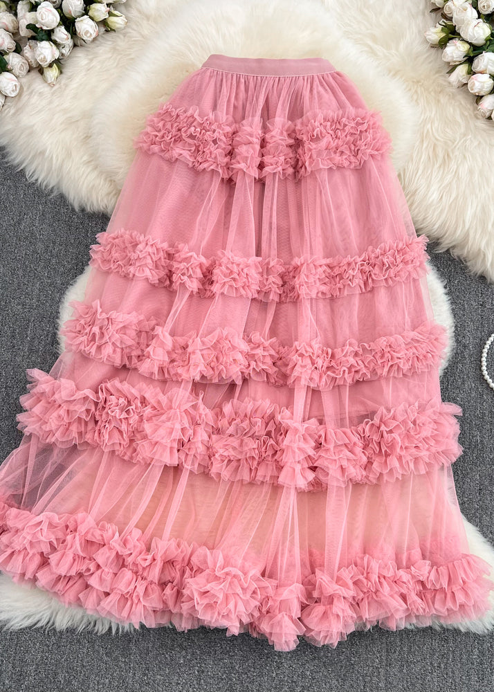 Brief Apricot Ruffled Patchwork Elastic Waist Tulle Cake Skirt Spring