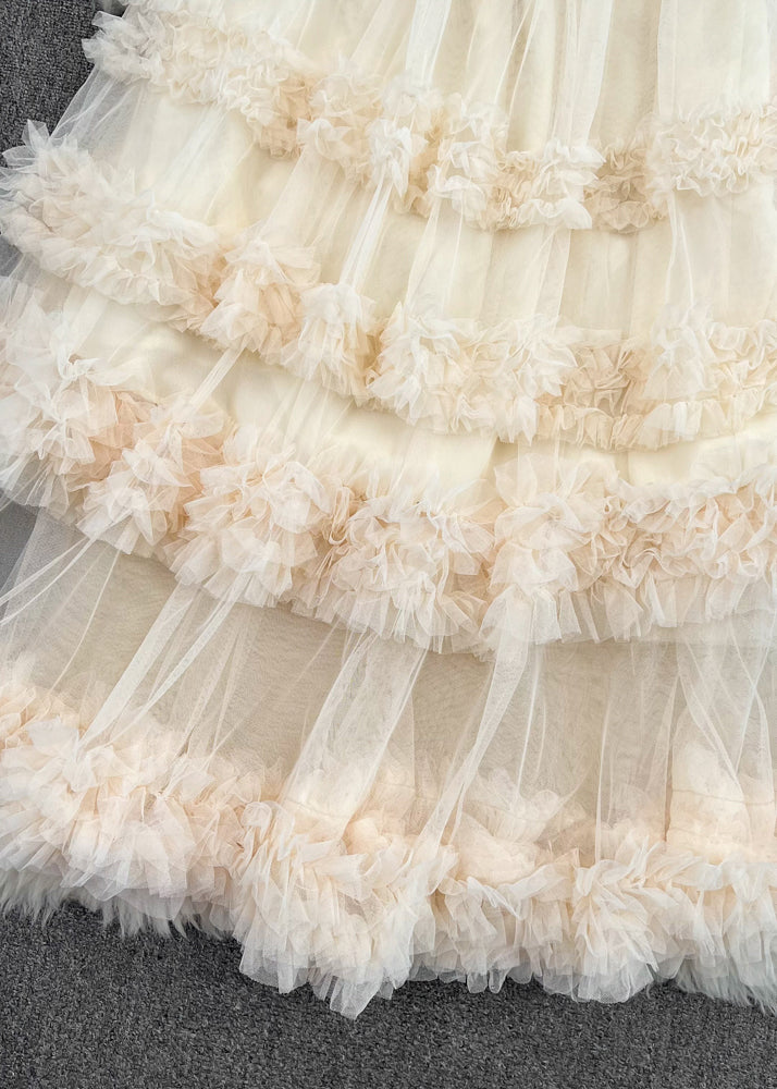 Brief Apricot Ruffled Patchwork Elastic Waist Tulle Cake Skirt Spring