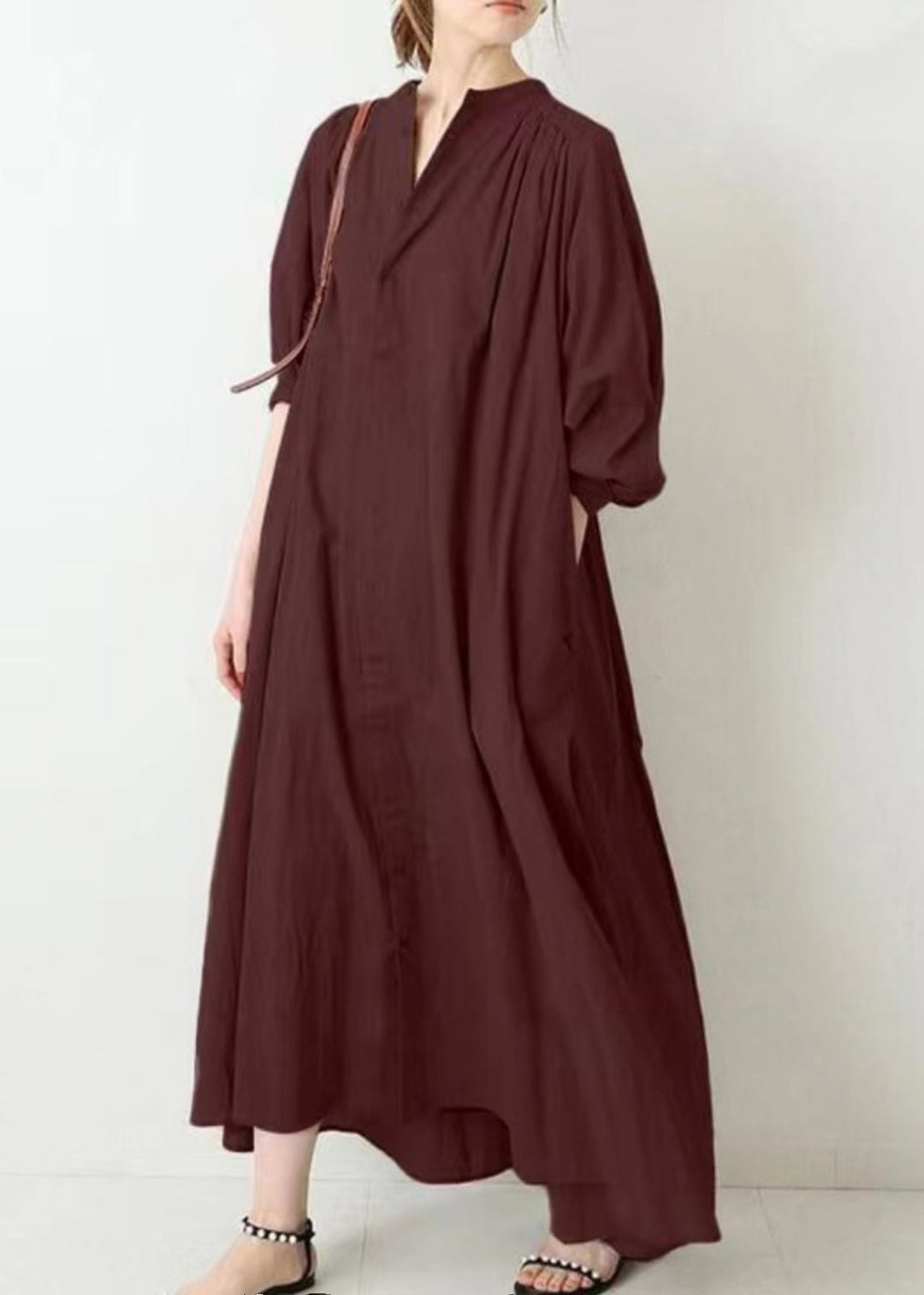 Brief Apricot Stand Collar Low High Design Maxi Shirt Dress Puff Sleeve