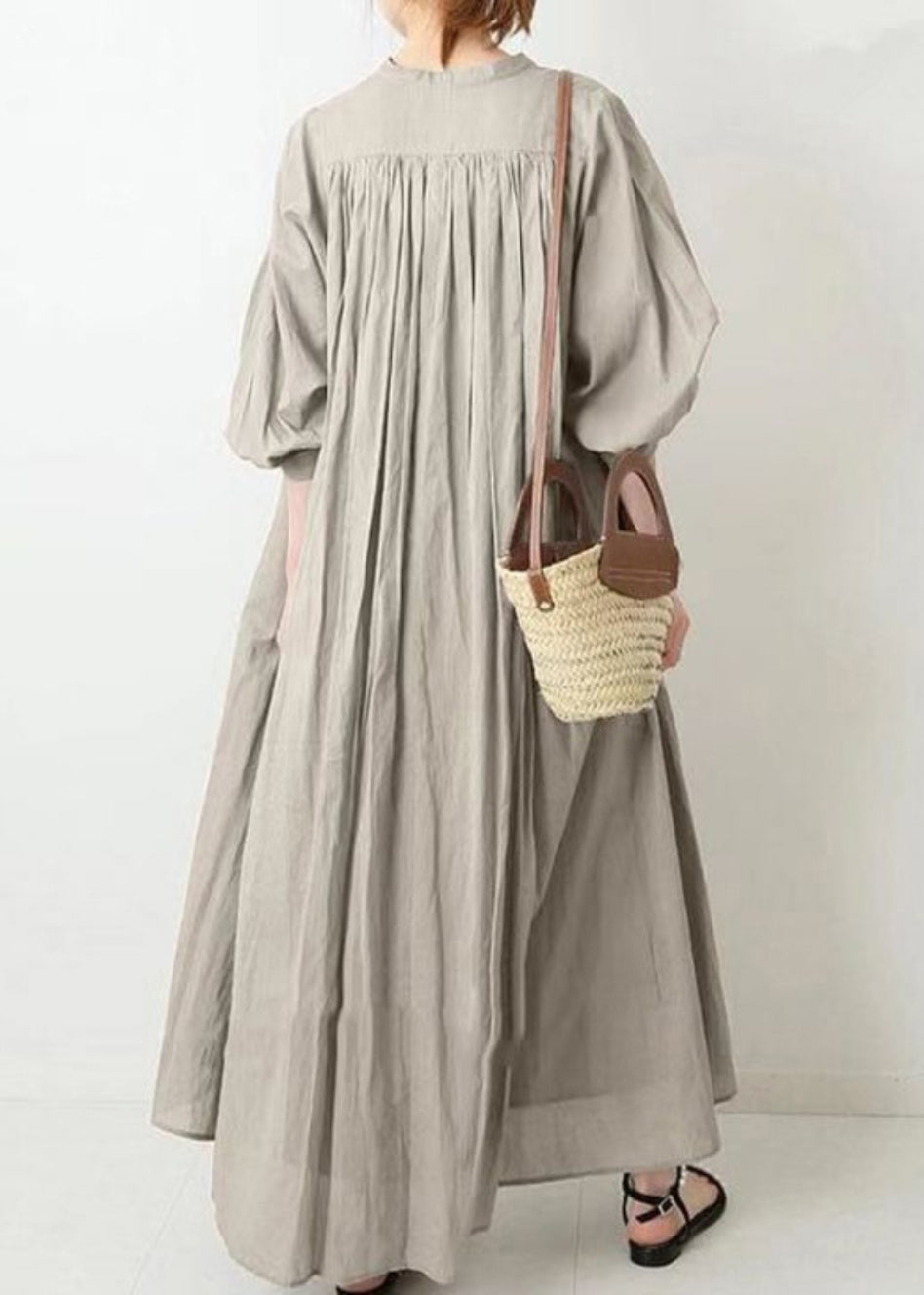 Brief Apricot Stand Collar Low High Design Maxi Shirt Dress Puff Sleeve