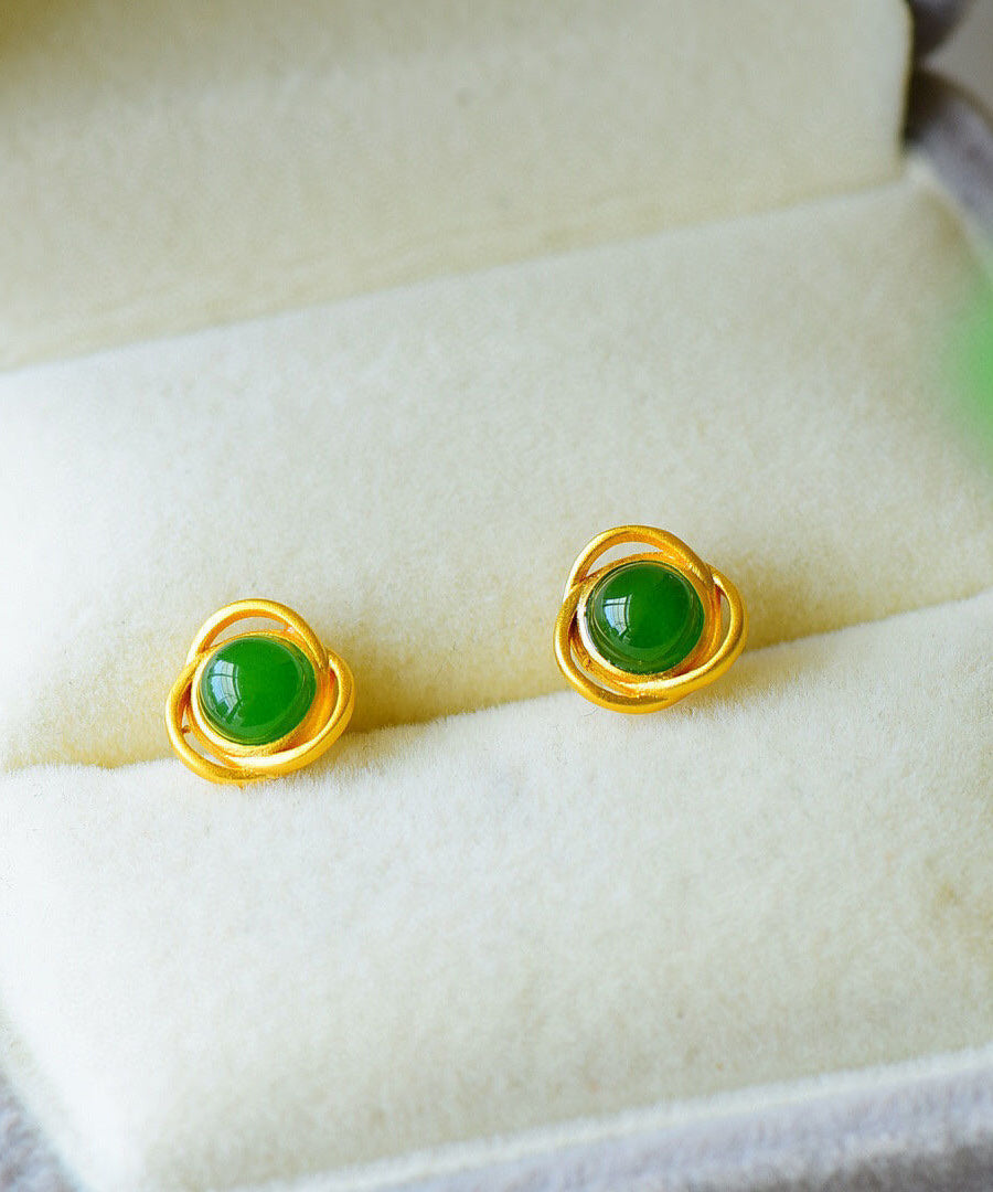 Brief Green Sterling Silver Overgild Jade Stud Earrings