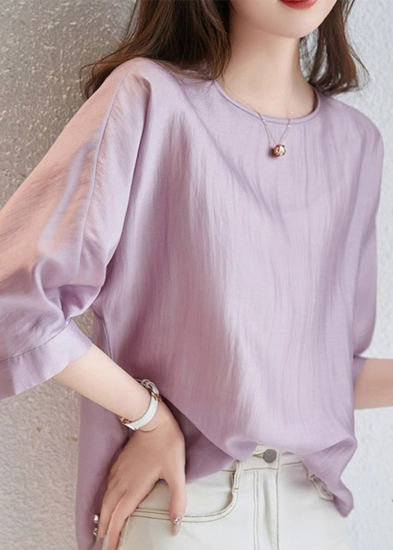 Brief Light Purple O-Neck Patchwork Shirts Fall