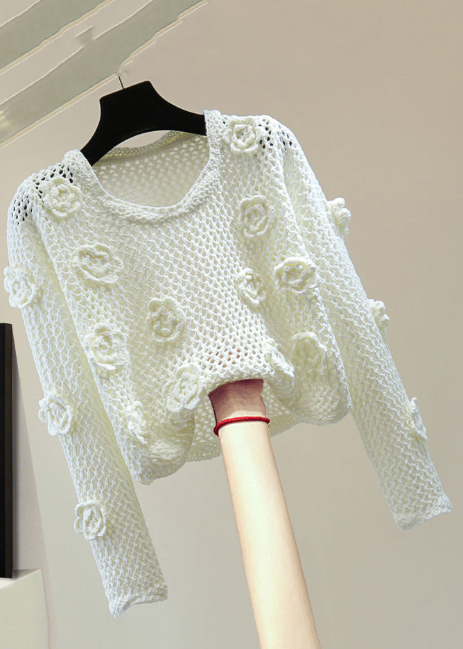 Brief Pink Floral Hollow Out Cotton Knit Sweaters Spring