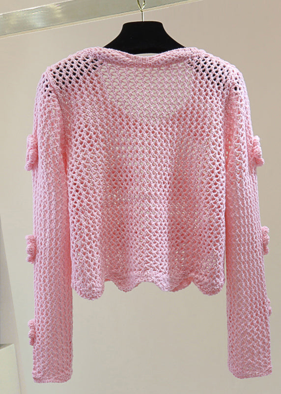 Brief Pink Floral Hollow Out Cotton Knit Sweaters Spring