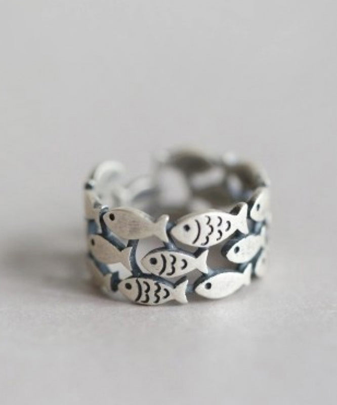 Brief Silk Sterling Silver Hollow Out Little Fish Rings