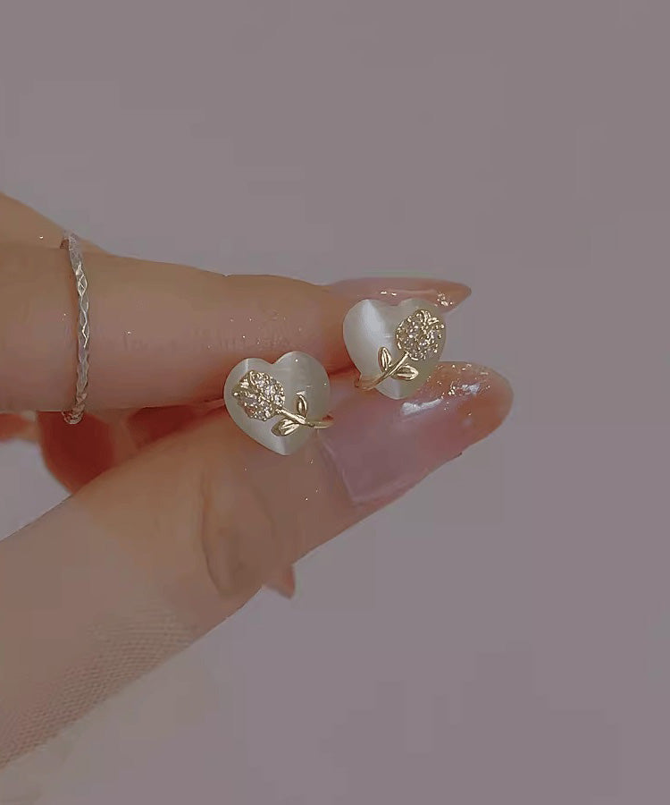 Brief White Alloy Zircon Tulip Cat Eye Ston Love Stud Earrings