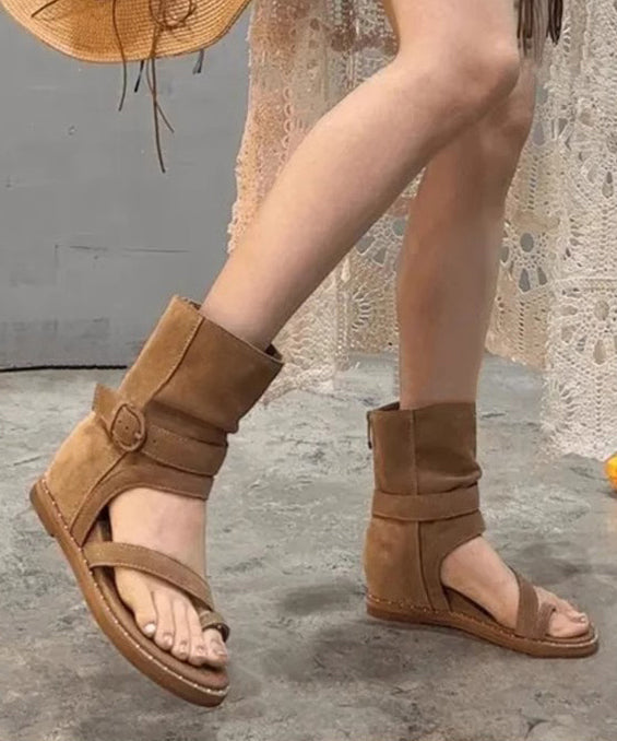 Brown Boho Hollow Out Wedge Thong Sandals Boots