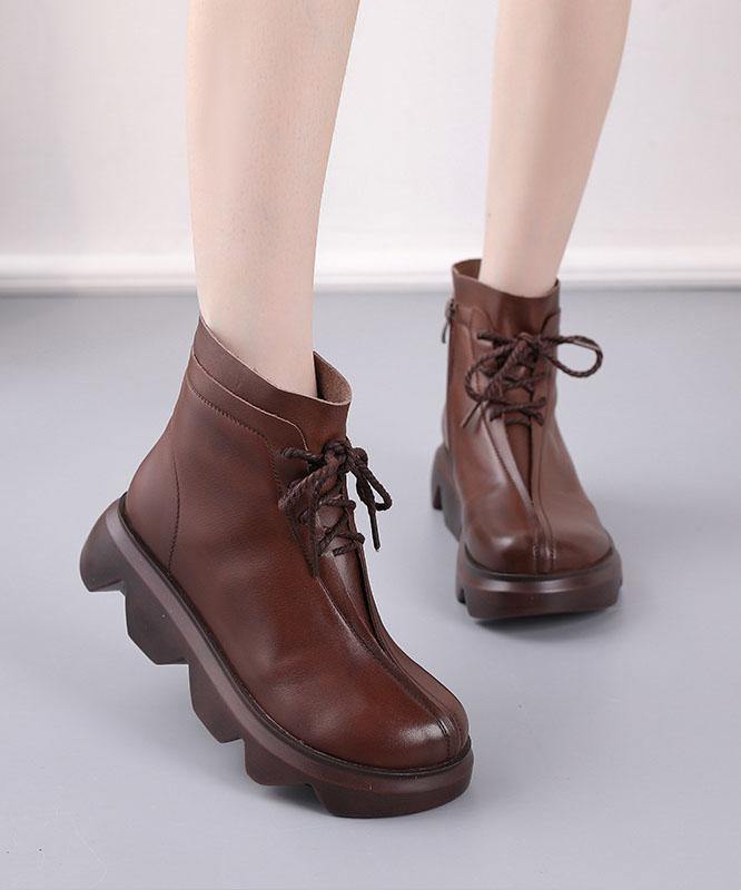 Brown Boots Platform Cowhide Leather Unique Platform Boots - SooLinen