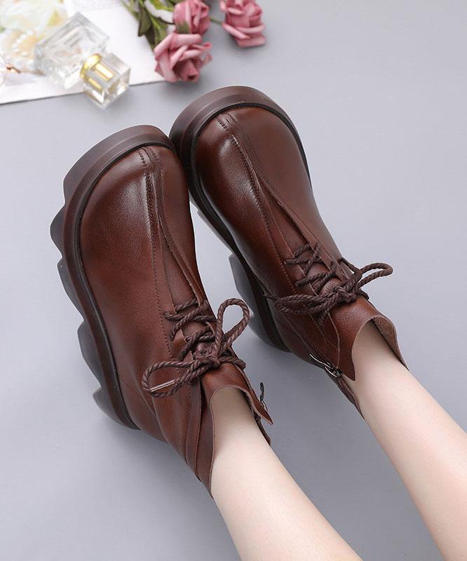 Brown Boots Platform Cowhide Leather Unique Platform Boots - SooLinen