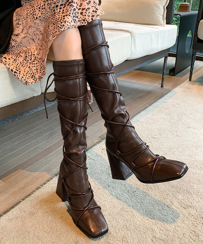 Brown Chunky Faux Leather Boutique Splicing Lace Up Boots