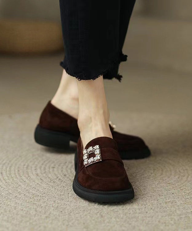 Brown Chunky Suede Casual Zircon Splicing Loafer Shoes