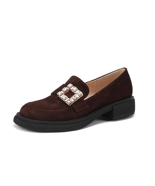 Brown Chunky Suede Casual Zircon Splicing Loafer Shoes