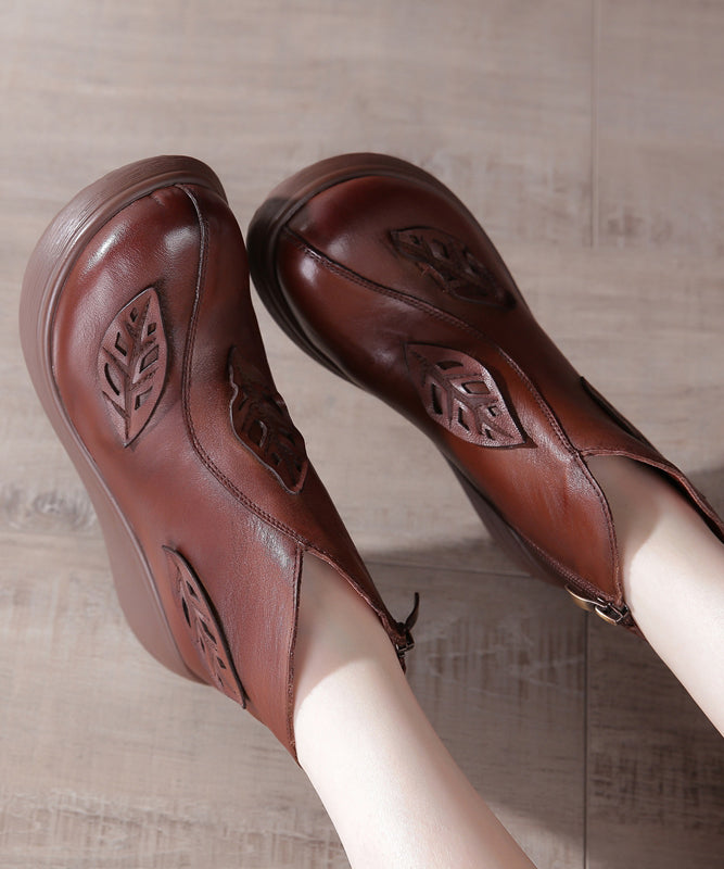 Brown Cowhide Leather Handmade Wedge Ankle Boots