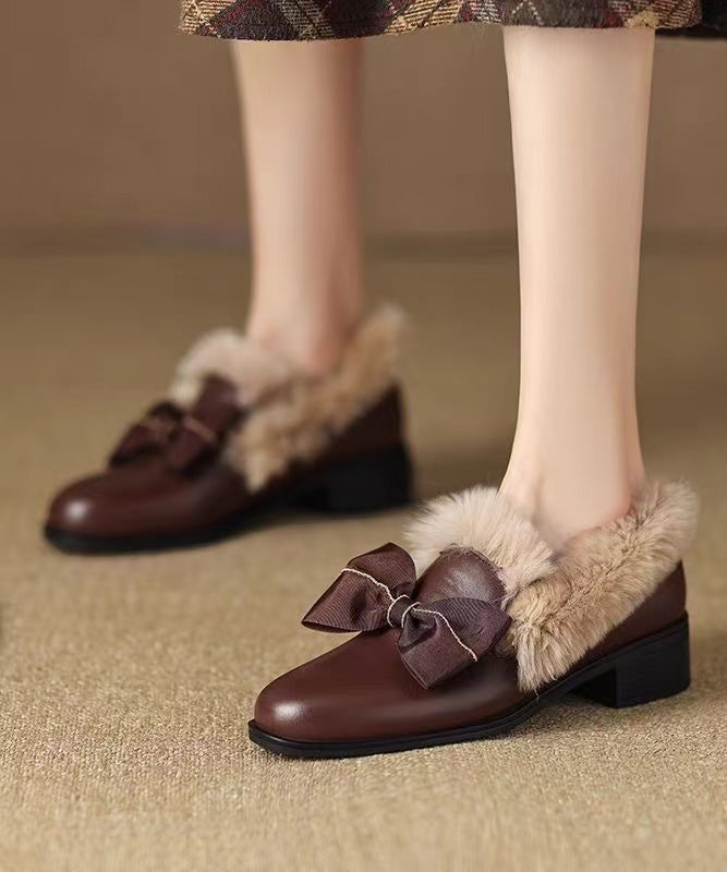 Brown Cowhide Leather Loafers Women Splicing Fuzzy Wool Lined