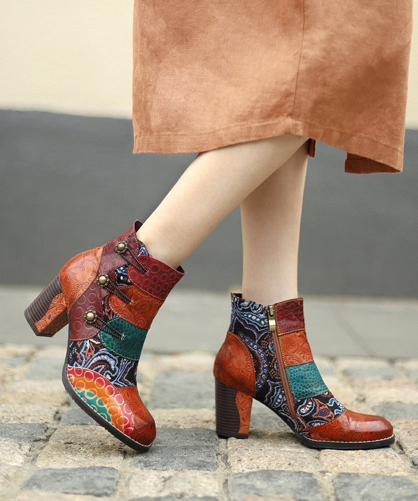 Brown Embossed Splicing Vintage Chunky Heel Boots