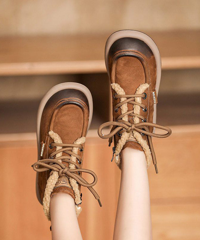 Brown Lace Up Splicing Cowhide Leather Boots Fuzzy Wool Lined