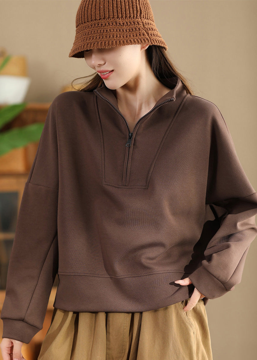 Brown Oversized Cotton Pullover Sweatshirt Zip Up Spring