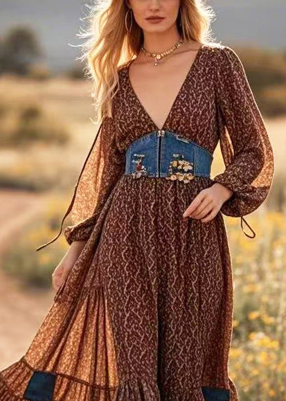 Brown Patchwork Cotton Maxi Dresses Cinched Exra Large Hem Spring