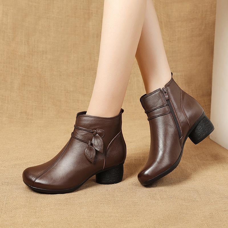 Brown zippered Cowhide Leather Boots Splicing Boots - SooLinen