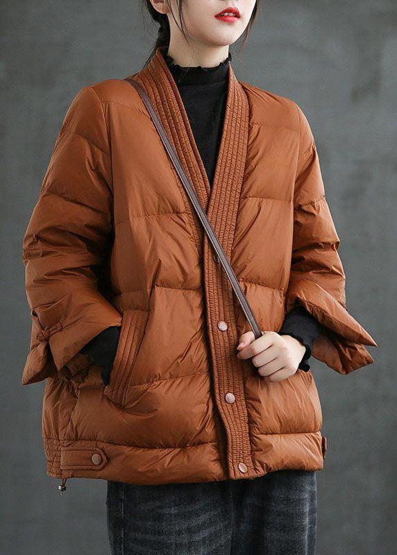 Caramel V Neck Button Thick Winter Duck Down Jackets