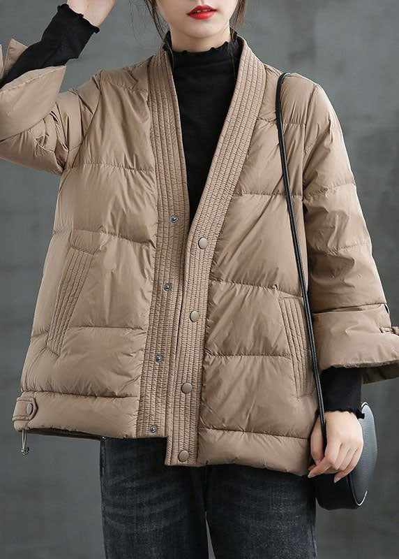 Caramel V Neck Button Thick Winter Duck Down Jackets