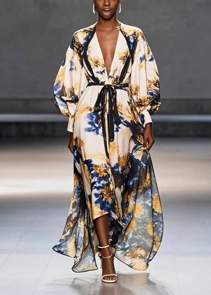 Casual Apricot Tie Waist Print Chiffon Maxi Dresses Fall