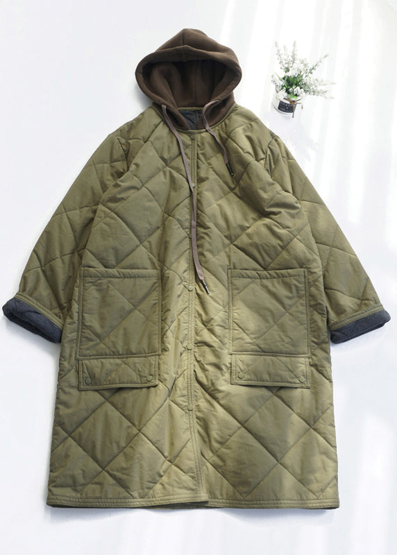 Casual Army Green Pockets Fine Cotton Filled Hooded Coat Fall