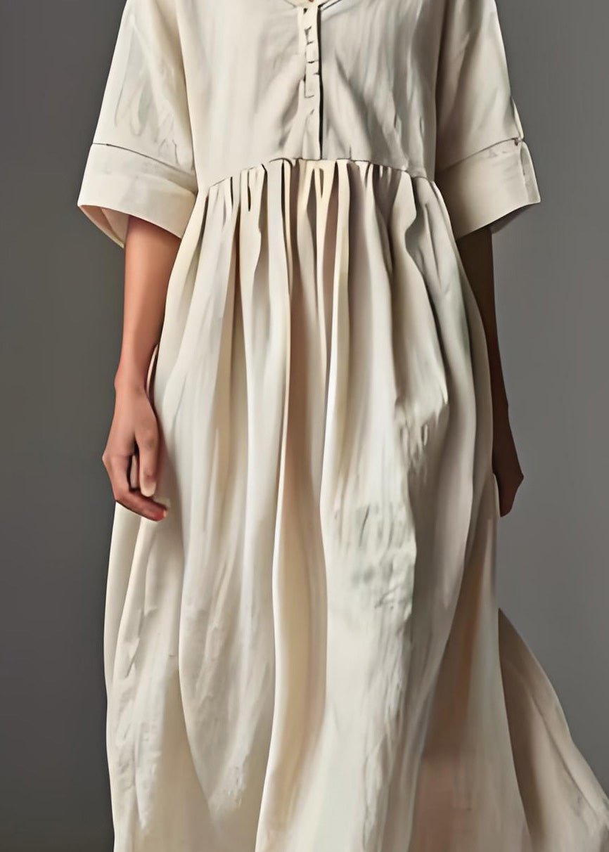 Casual Beige V Neck Patchwork Plus Size Linen Dress Summer