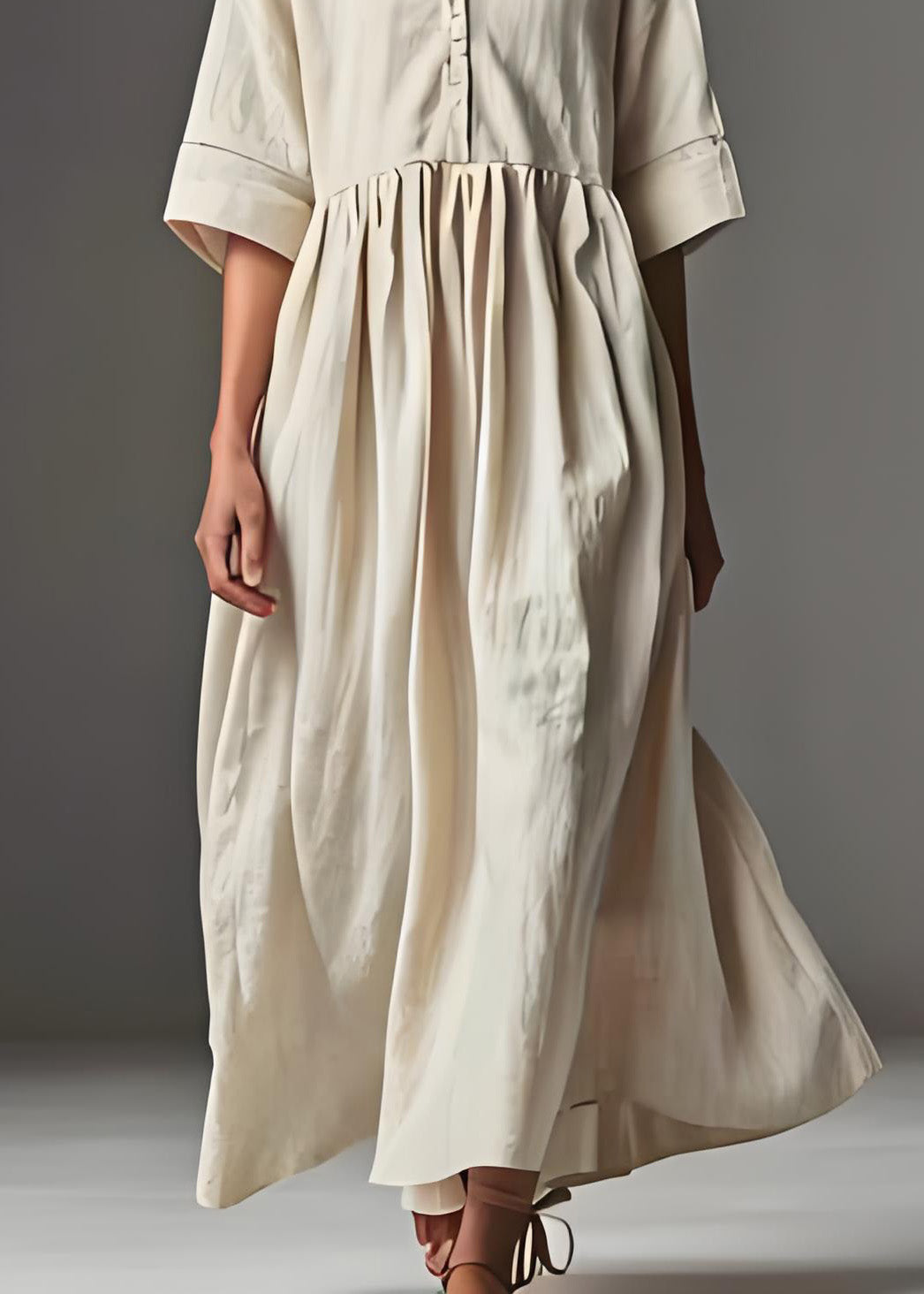 Casual Beige V Neck Patchwork Plus Size Linen Dress Summer