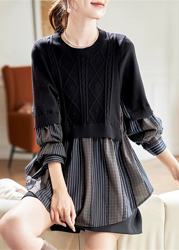 Casual Black O-Neck Fake Two Pieces Cotton Knit Patchwork Top Spring