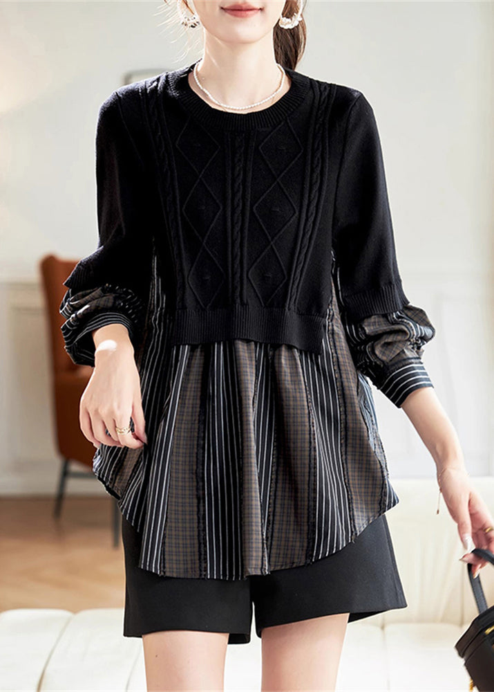 Casual Black O-Neck Fake Two Pieces Cotton Knit Patchwork Top Spring