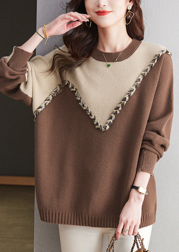 Casual Black O Neck Patchwork Woolen Knit Sweaters Spring