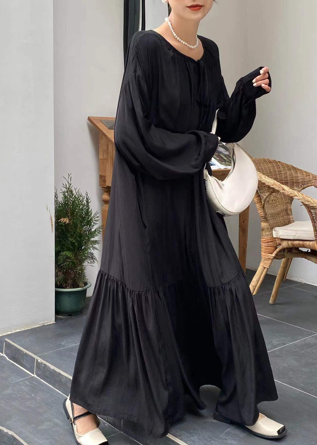 Casual Black Oversized Cotton Maxi Dress Spring