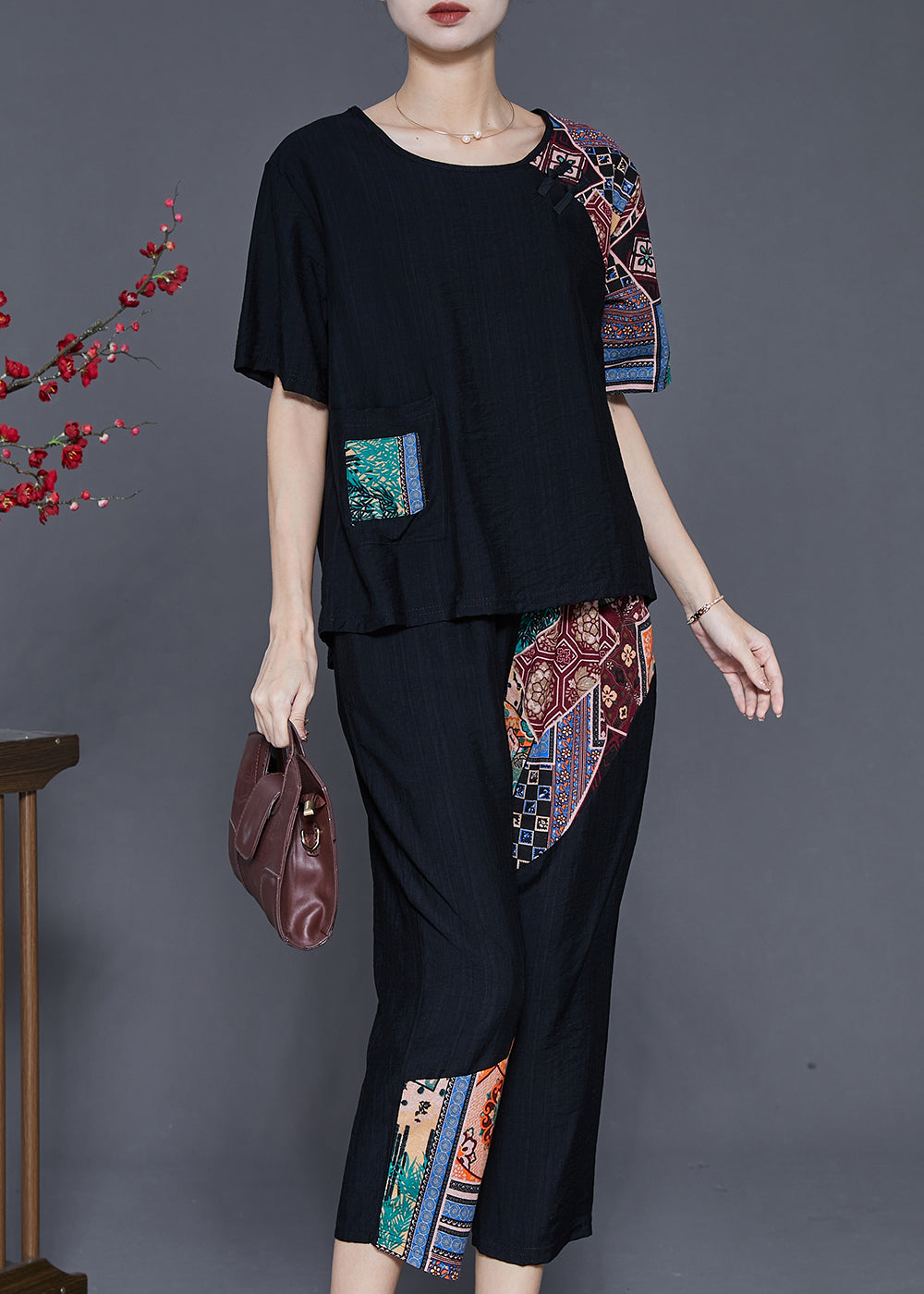 Casual Black Oversized Patchwork Cotton Two Pieces Set Summer
