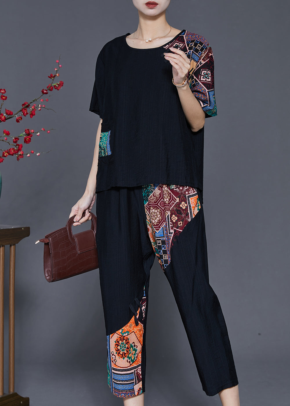 Casual Black Oversized Patchwork Cotton Two Pieces Set Summer